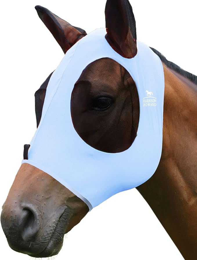 Harrison Howard Super Comfort Stretchy Fly Mask Large Eye Space with UV Protection Soft on Skin with Breathability ICY Blue XL Extra Full Size