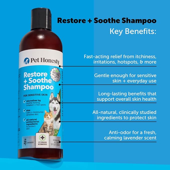 Pet Honesty Restore + Soothe Shampoo for Sensitive Skin for Dogs & Cats - Dog Skin and Coat Supplement - Soothes Itching, Irritation and Hot Spots (lavender) - 12oz