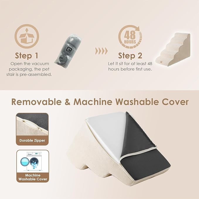 EHEYCIGA Curved Dog Stairs for High Beds 22.6" H, 5-Step Dog Steps for Small Dogs and Cats, Pet Stairs for High Bed Climbing, Non-Slip Balanced Pet Step Indoor, Beige