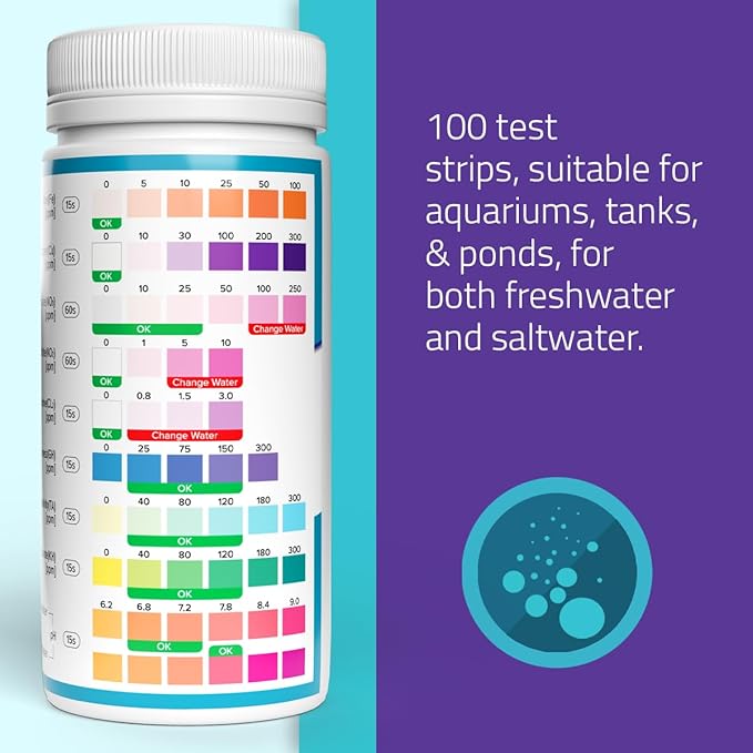 CheckUp Aquarium Test Strips | Test Kit for Freshwater, Saltwater, Pond, Fish Tank | 9 Parameters Test for Iron, Copper, Nitrite, Nitrate, Chlorine, Hardness, pH, Alkalinity and Carbonate | 100 Strips