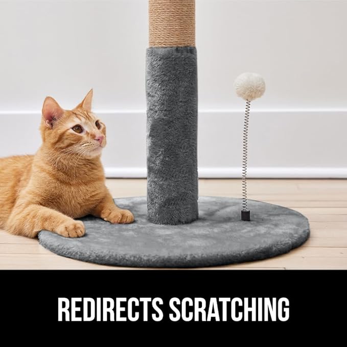 Gorilla Grip Heavy Duty Cat Scratching Post, All Natural Rope, Plush Carpet Secure Base Indoor Scratcher Cats, Kitten Nail File Tower, Spring and Rope Balls, Tall Sturdy Toy for Adults, Small Gray