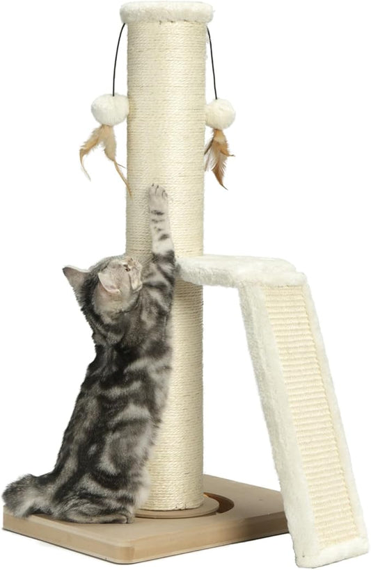 Cat Scratching Post,31" Tall Sisal Scratch Posts with Vertical Scratching Board for Cats and Kittens,with Track Ball and Hanging Feather Ball Toys,Beige