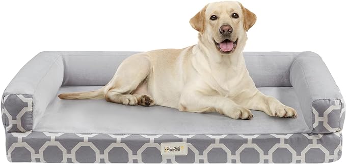 Friends Forever Harper Memory Foam Orthopedic Dog Bed, Calming Couch For Indoor Pet With Bolster, Machine Washable Extra Soft Faux Suede Removable Cover, Plush Crate Mat, 44x34x10", Grey