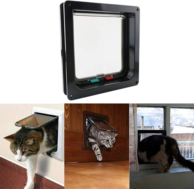 CEESC Cat Flap Door Magnetic Pet Door with 4 Way Lock for Cats, Kitties and Kittens, 2 Sizes and 2 Colors Options (L- Inner size: 7.08"(W) x 7.48"(H), Black)