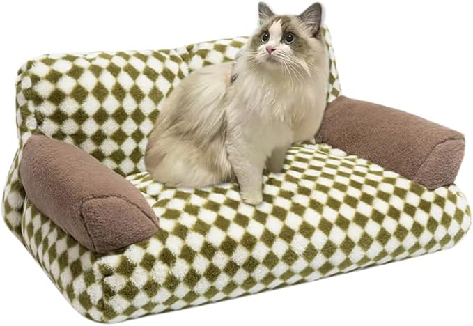 Pet Couch Sofa Bed, Checkers Plaid Washable Cat Beds for Medium Small Dogs & Cats Durable Plush Cat Couch Pet Sofa Bed Puppy Sleeping Bed Soft Anti-Slip (Green Plaid)