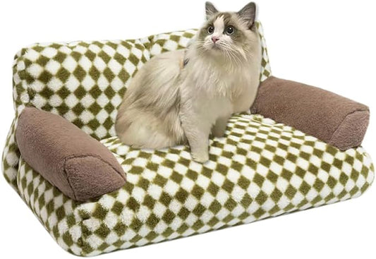 Pet Couch Sofa Bed, Checkers Plaid Washable Cat Beds for Medium Small Dogs & Cats Durable Plush Cat Couch Pet Sofa Bed Puppy Sleeping Bed Soft Anti-Slip (Green Plaid)