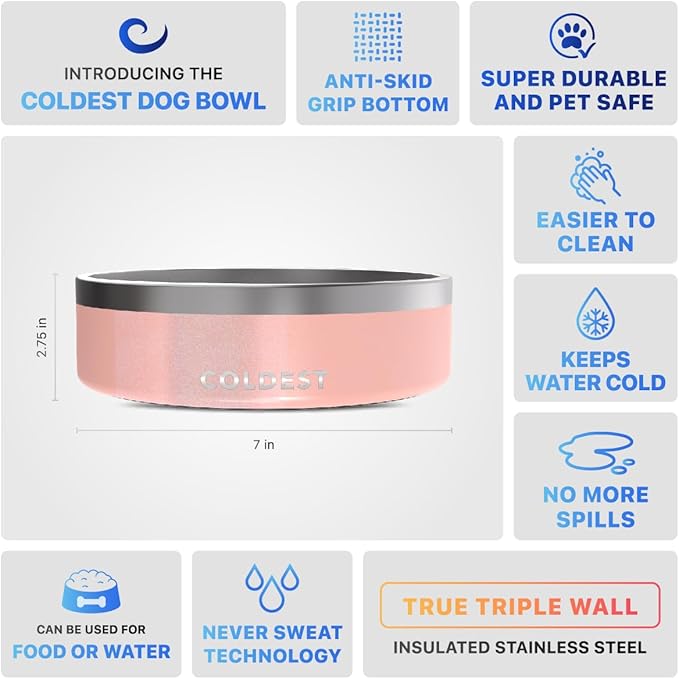 Coldest Dog Bowl, Anti Rust Metal & Non Slip Dog Bowls Large, Spill Proof Heavy Duty 3 Layers Insulated Dog Bowl, Food & Water Bowl for Dogs, Cats, Dishwasher Safe (42 oz, Forever Pink Glitter)