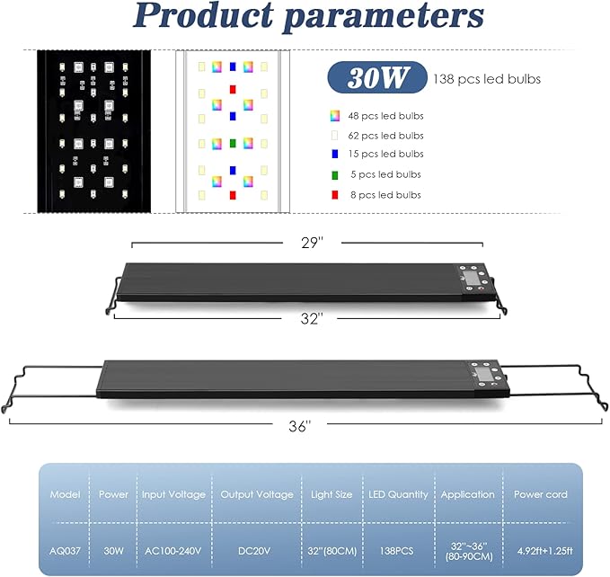 AQQA Aquarium Light,Multi-Function Fish Tank Led Light 24/7 DIY Auto On Off + Night Mode + Day Mode + Full Spectrum + 7 Colors,Adjustable Brightness Waterproof with Timer for Freshwater 30W