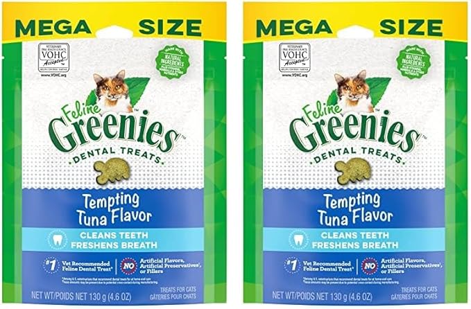 Greenies Feline Adult Natural Dental Care Cat Treats, Tempting Tuna Flavor, 4.6 oz. Pouch (Pack of 2)