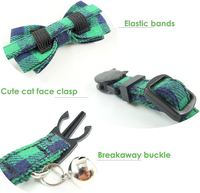 Cat Collar Breakaway with Bell and Bow Tie, Plaid Design Adjustable Safety Kitty Kitten Collars Set of 2 PCS (6.8-10.8in) (Green&Orange Plaid)