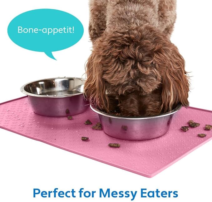 MIGHTY MONKEY 100% Waterproof Dog Food Mat, Raised Edges Silicone Pet Feeding Placemat for Cat, Dogs, Pet Bowls, High Lipped Tray Prevents Water Spills, Food on Floor, Dishwasher Safe, 18x12, Pink