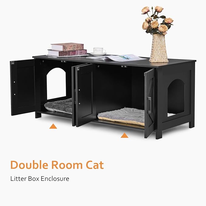 Cat Litter Box Enclosure for 2 cats, Litter Box Furniture Hidden with Double Room,Wooden Cat Washroom Furniture,Cat House,47.2”L x 19.7”W x 19.7”H,Black