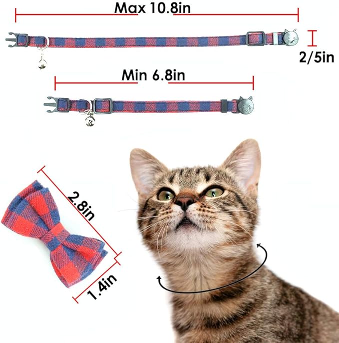 Cat Collar Breakaway with Bell and Bow Tie, Plaid Design Adjustable Safety Kitty Kitten Collars Set of 2 PCS(6.8-10.8in) (Red&Black Plaid)