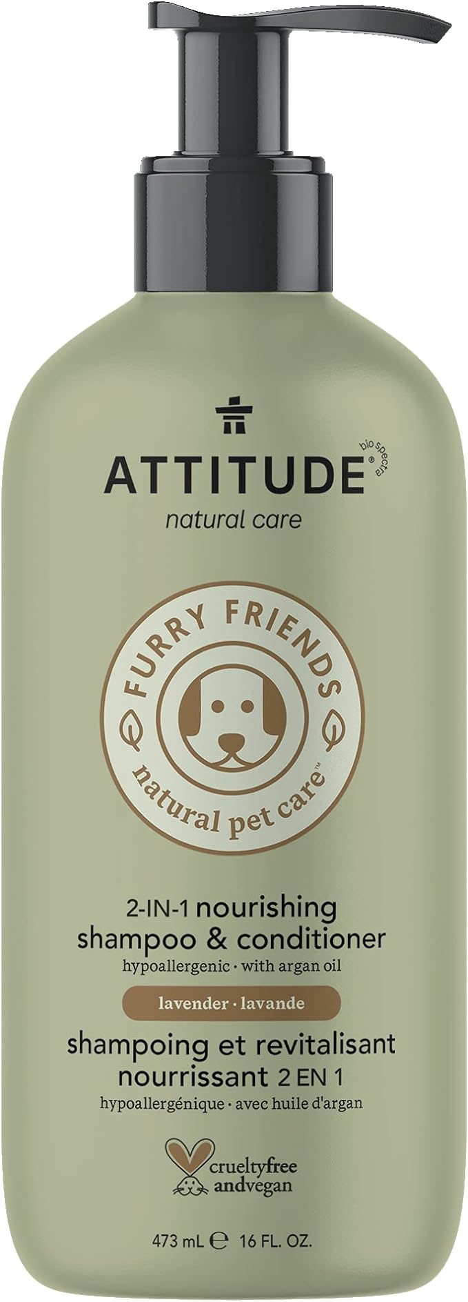 ATTITUDE 2in1 Nourishing Shampoo and Conditioner for Cat & Dog, Vegan and Cruelty-Free, Lavender & Argan Oil, 16 Fl Oz