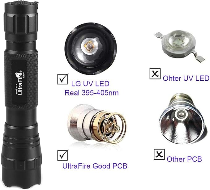 ULTRAFIRE 501B UV Flashlight Adjustable Focus 395nm Ultraviolet Black Light Mini Flashlight,Pet Urine Detector for Resin Curing, Dry Stain, Scorpion and Bed Bug UV Torch