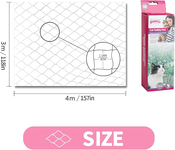 PAWISE Cat Safety Net, Cat Balcony Net Pet Anti-Fall Netting for Window Stairs,Dog Fence Nets Transparent (4m x 3m) Including A 25M Rope 20 Hooks