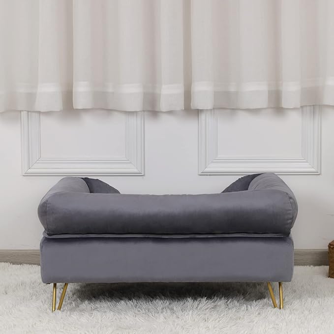 Dog Sofa Bed, Soft Velvet Fabric, Wooden Frame, Medium Dog Rest, Grey