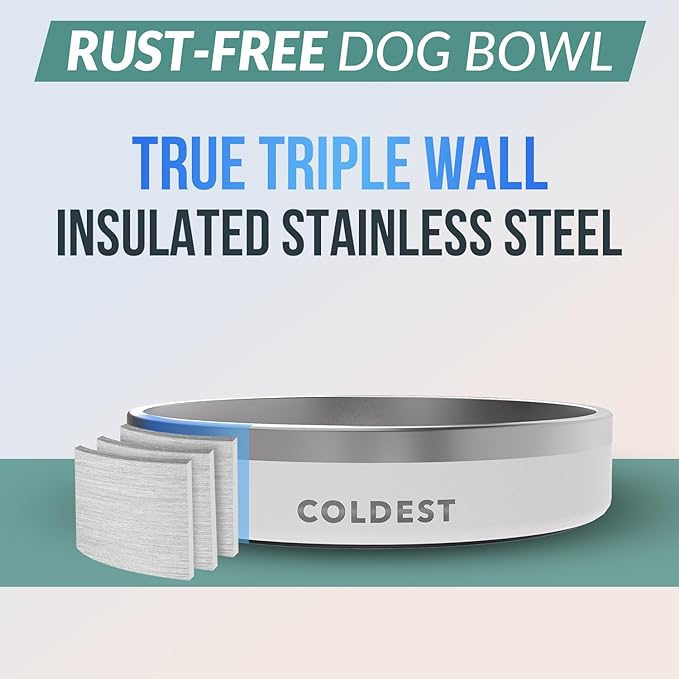 Coldest Dog Bowl - Anti Rust Metal & Non Slip Dog Bowls Large, Spill Proof Heavy Duty 3 Layers Insulated Dog Bowl - Food and Water Bowl for Dogs, Cats & Pets, Dishwasher Safe (21 oz, Epic White)