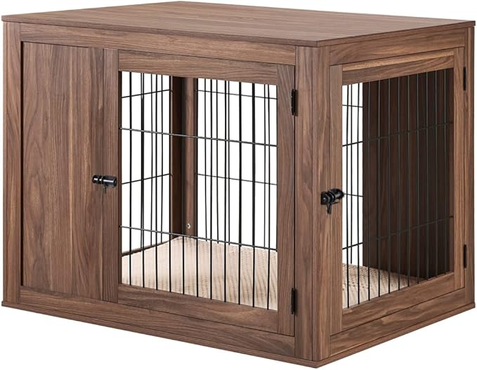 unipaws Furniture Style Dog Crate for Medium Large Dogs, Indoor Aesthetic Dog Stuff Kennel, Modern Decorative Wood Wire Pet House Dog Cage, Pretty Cute End Side Table Nightstand, Walnut