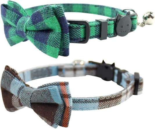 Cat Collar Breakaway with Bell and Bow Tie, Plaid Design Adjustable Safety Kitty Kitten Collars Set of 2 PCS (6.8-10.8in) (Green&Light Blue Brown)