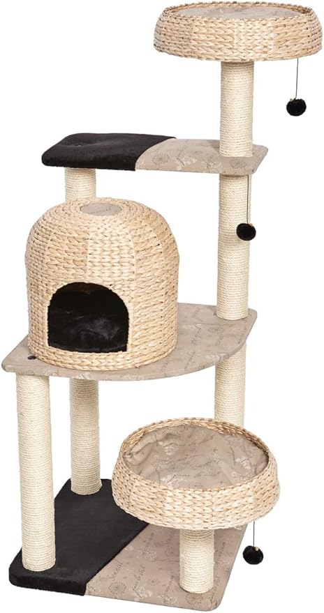 MidWest Homes for Pets Cat Tree | Biscayne Cat Furniture, 5-Tier Cat Tree w/Sisal Wrapped Support Scratching Posts & High Cat Look-Out Perch, Woven Rattan & Script, Large Cat Tree