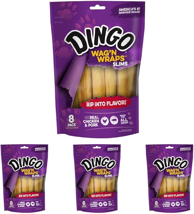 Dingo Wag’n Wraps Slims 8 Count, Made with Real Chicken and Pork, for All Dogs (Pack of 4)