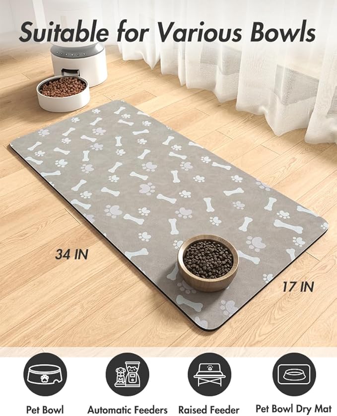 Pet Feeding Mat-Absorbent Dog Food Mat-Dog Mat for Food and Water-No Stains Quick Dry Dog Water Dispenser Mat-Pet Supplies-Dog Placemat Dog Water Bowl for Messy Drinkers (17"x34", GREY)