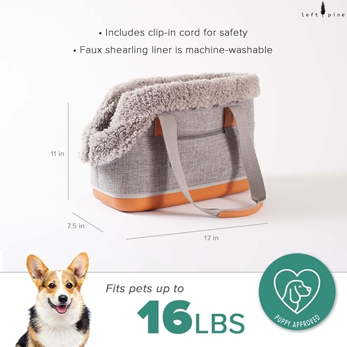 LeftPine x P.L.A.Y. Deluxe Dog Carrier Purse - Soft Sided Pet Travel Tote for Small Dogs & Puppies with Built-in Safety Leash - Machine Washable Removable Liner, Vegan Leather, Zipper Pocket (Gray)