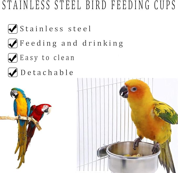 kathson 2 Pack Bird Feeding Cups with Clamp Holder, Parrot Food & Water Cage Hanging Bowl Stainless Steel Coop Cup Dish Feeder for Parakeet Cockatiels Conure Budgies Lovebird Finch,Style A