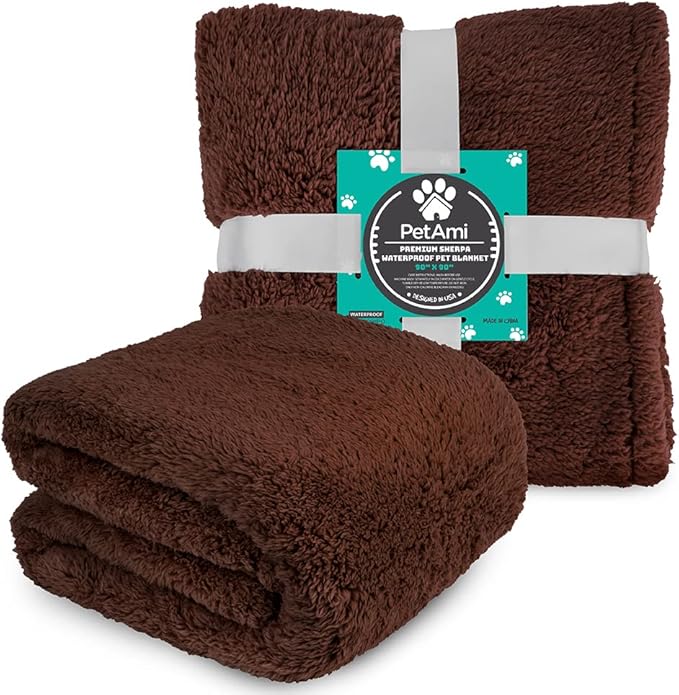 PetAmi Fluffy Waterproof Dog Blanket for Bed Large Dogs, Soft Warm Pet Sherpa Throw Pee Proof Couch Cover, Reversible Cat Blanket Sofa Crate Kennel Protector, Washable Mat Queen (Brown, 90x90)