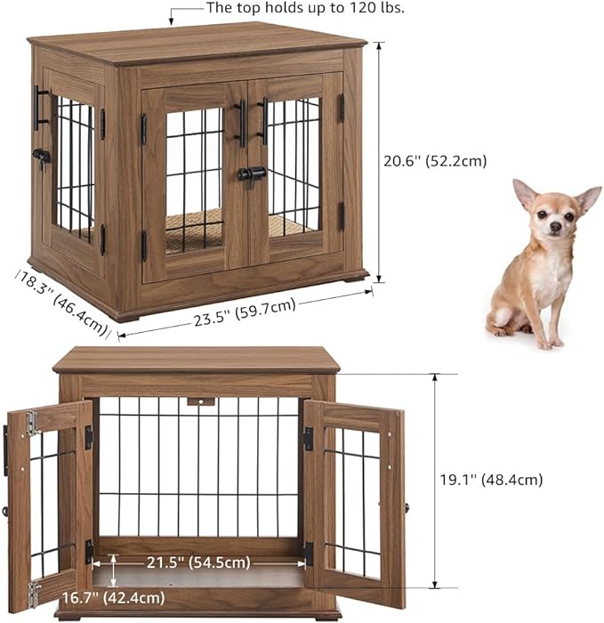 beeNbkks Furniture Style Dog Crate End Table, Double Doors Wooden Wire Dog Kennel with Pet Bed, Decorative Pet Crate Dog House Indoor Medium Large