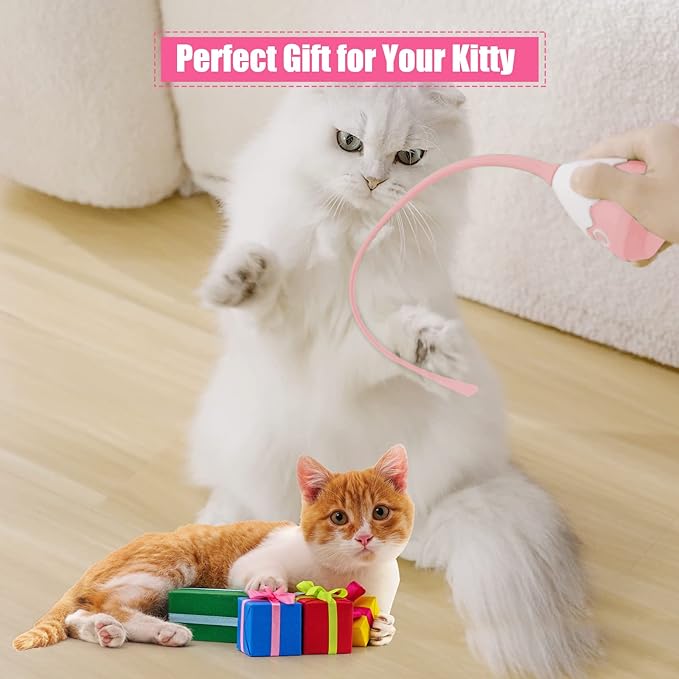 Cat Toys Interactive for Indoor Cats, Automatic Cat Wand Toy Silicone Tail Teaser Toy 2 in 1, Rechargeable Exercise Toy for Kitten-Pink