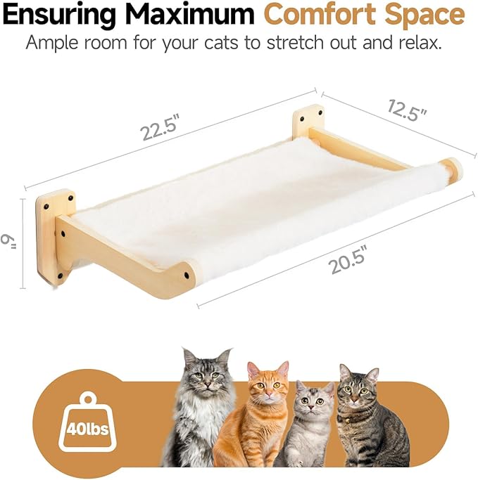 MEWOOFUN Cat Hammock, Cat Wall Shelves with Removable Soft Cover, 20.5 X 12.5 Inch Large Wooden Cat Wall Furniture Beds for Indoor Cats, Stable Cat Bed Cat Perch for Sleeping, Climbing and Playing