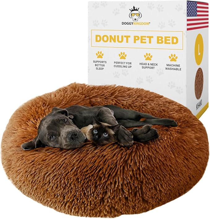 Calming Round Donut Dog Bed Pillow, Washable, Anti Anxiety, Anti-Slip, Cozy Soft Cuddler Comfort Bed with Fluffy Plush Faux Fur for large medium small Sized Dog - Khaki, L 35 inch