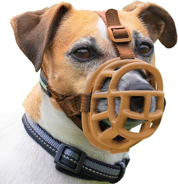 BASKERVILLE ULTRA MUZZLE - Patented Humane Design, Breathable, Dog can Pant and Drink, Adjustable, Padded, Dog Training Muzzle for Small Dogs, Prevents Biting, Wildlife Scavenging (Size 2, Tan)