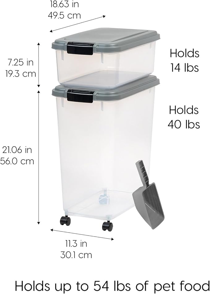 IRIS USA 40 lbs & 14 lbs Combo Airtight Dog Food Storage Container, Stackable Treat Box, 2-Cup Scoop, Wheels, Keep Fresh, Easy Mobility, Chrome