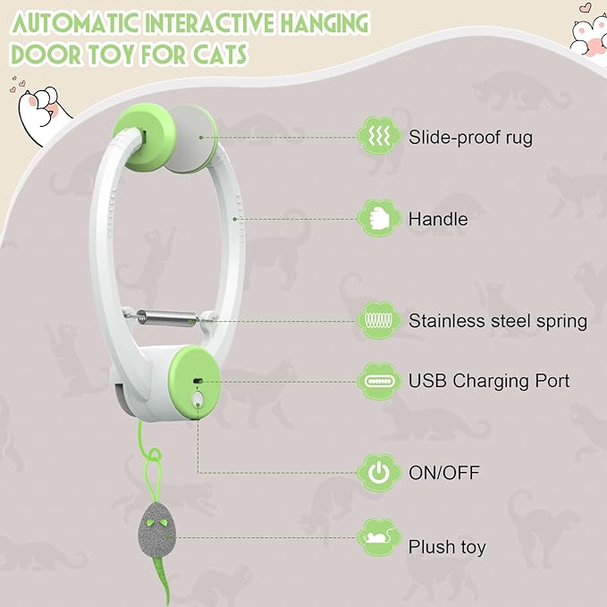 Cat Toy Interactive for Indoor Cats, Smart USB Rechargeable Door Hanging Automatic Retractable Kitten Toys, Teaser Electronic Self Play Feather Cat String Toys Attached with 3 Catnip Mice Green