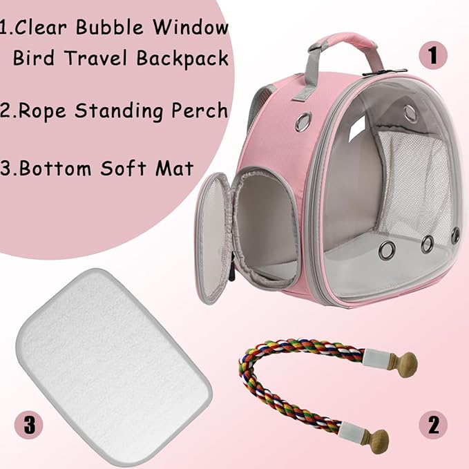 Clear Bubble Bird Carrier Backpack for Small Birds, Bird Carrier Travel Cage for Cockatiel Conure Parakeet Budgies with Stainless Steel Tray and Standing Perch