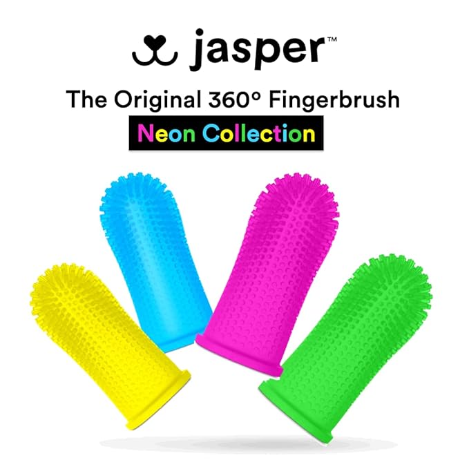 Jasper Dog Toothbrush, 360º Dog Tooth Brushing Kit, Cat Toothbrush, Dog Teeth Cleaning, Dog Finger Toothbrush, Dog Tooth Brush for Small & Large Pets, Dog Toothpaste Not Included - Neon 4 Pack