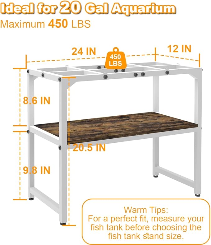 20 Gallon Fish Tank Stand with Shelf for Accessories Storage, 2 Tiers Heavy Duty Metal Aquarium Stand, Breeder Tank Turtle Reptile Terrariums Stand Rack for Home Office, 24" L x 12" W, White