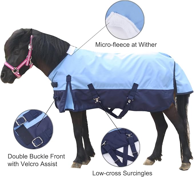 Mini Horse/Pony/Foal/Miniature Size 36"-51" Lightweight Waterproof & Breathable 1200 Denier Turnout Blanket with No Filling Lightblue 45"