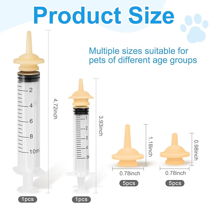 12PCS Kitten Nipples for Feeding, Professional Kitten Feeding Syringes, Nipple&Feeding Kit for Kittens and Puppies, Reusable Newborn Kitten Supplies, Suitable for Feeding Kitten, Puppy, Rabbit