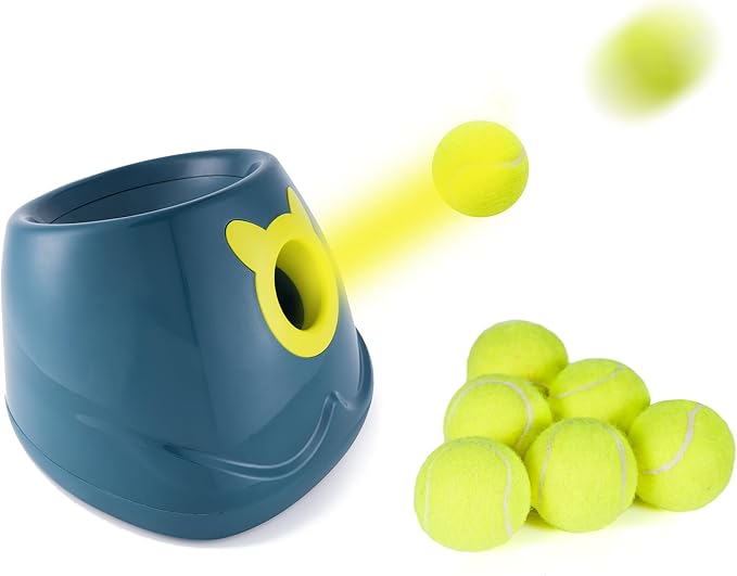 Automatic Ball Launcher for Dogs, 4 Launch Distance Modes, 2-inch Small Balls Included, Suitable for Small to Medium Sized Dogs (Blue with Tennis Balls)