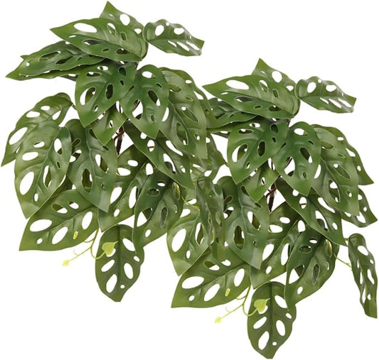 2Pack Reptile Fake Plants for Terrarium, Snake Tank Accessories, Habitat Decor Artificial Hanging Plants with Suction Cup - Fake Swiss Cheese Plants Monstera Adansonii