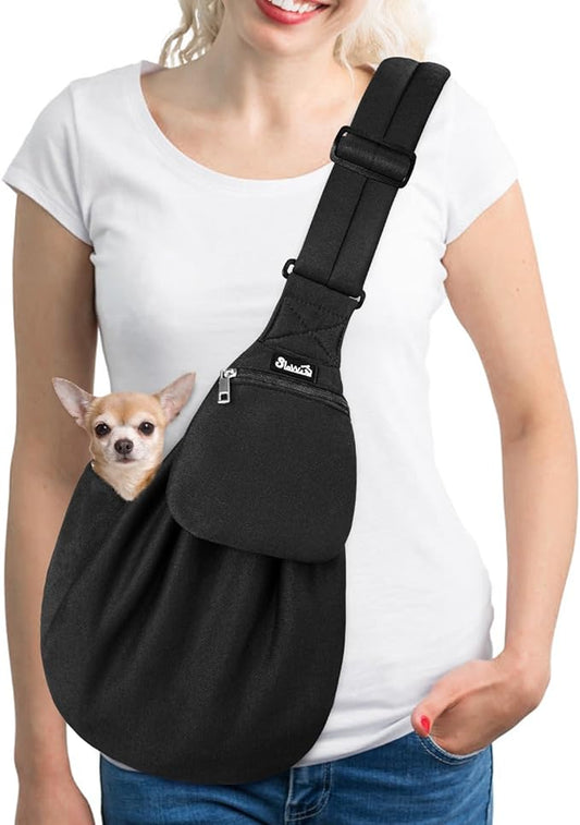 SlowTon Dog Carrier Sling - Thick Padded Adjustable Shoulder Strap Dog Carriers for Small Dogs, Puppy Carrier Purse for Pet Cat with Front Zipper Pocket Safety Belt Machine Washable (Black Knitted, S)