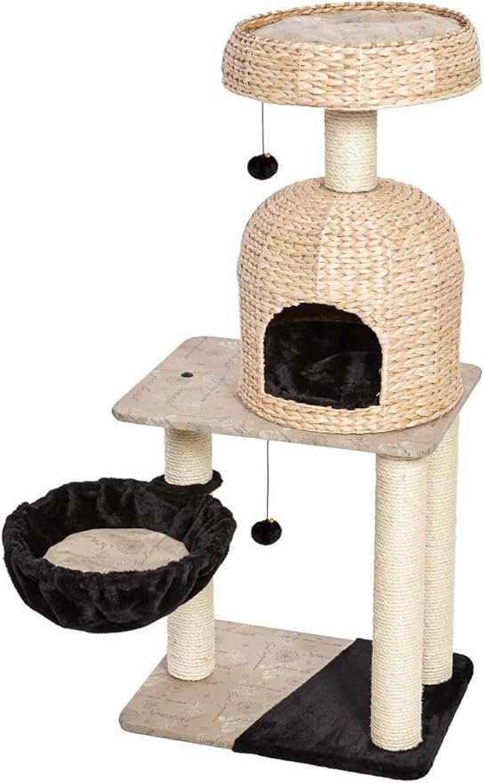 MidWest Homes for Pets Cat Tree | Reid Cat Furniture, 3-Tier Cat Activity Tree w/ Sisal Wrapped Support Scratching Posts & Dangle Play Balls, Woven Rattan & Script Medium Cat Tree
