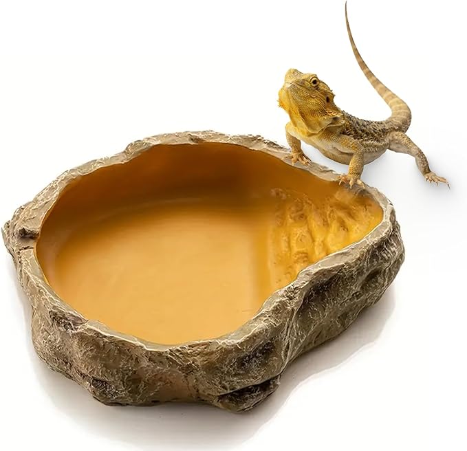 Reptile Water Dish,Resin Reptile Rock Food Feeder Bowl, Water and Food Bowl, Terrarium Decor for Leopard Gecko, Lizard,Spider, Turtle,Scorpion, Chameleon, Hermit Crabs (Small, Yellow)