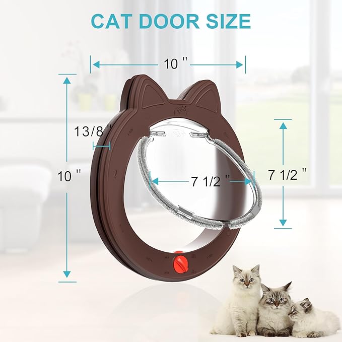 Pet Door, Cat Door for Interior Exterior Doors, 7.5" x 7.5" Inner Frame, 4-Way Locks, for Cats and Small Dogs, Easy to Install, Suitable for Interior and Exterior Doors, Coffee