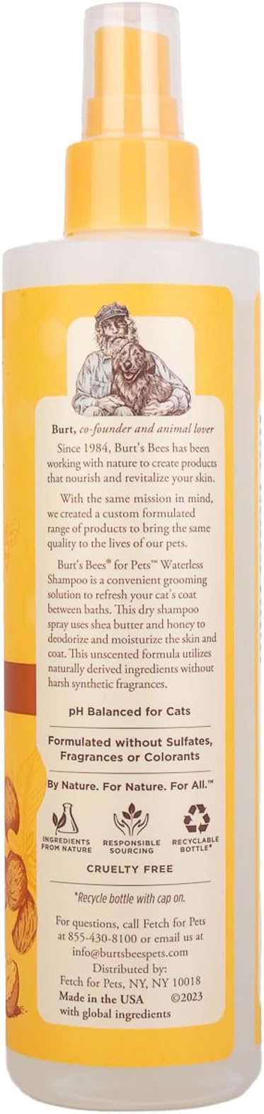 Burt's Bees for Pets Cat Naturally Derived Waterless Shampoo with Shea Butter and Honey - Cat Waterless Shampoo Spray - Easy to Use Cat Dry Shampoo - Made in the USA, 10 Oz - 2 Pack