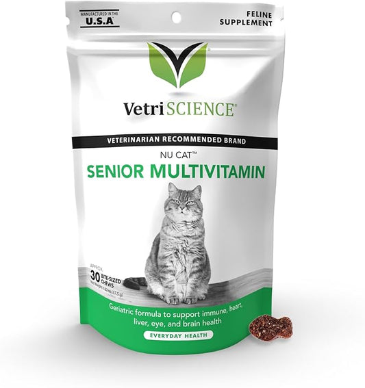 VetriScience Nu Cat Senior Multivitamin with Lysine for Cats - 30 Chews - Cat Supplements & Vitamins Designed to Support Heart, Eye and Brain Function, Immunity and Liver Health in Senior Cats